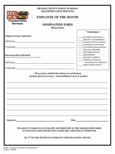 employee recognition nomination form template lovely employee  month