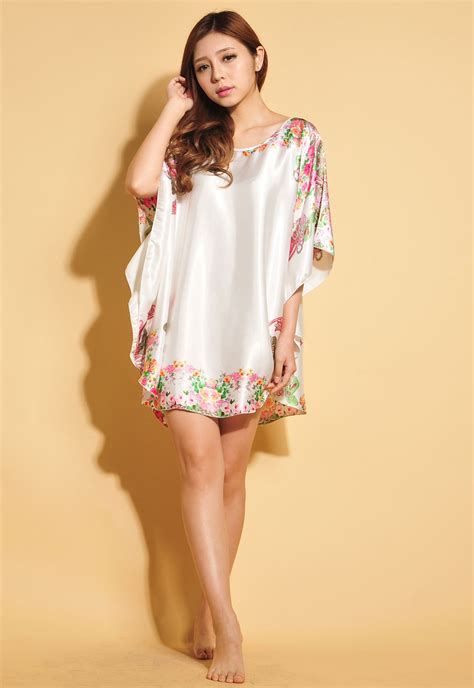 Women Silk Blend Satin Pajama Sleepwear Roebs Night Gown Dress White