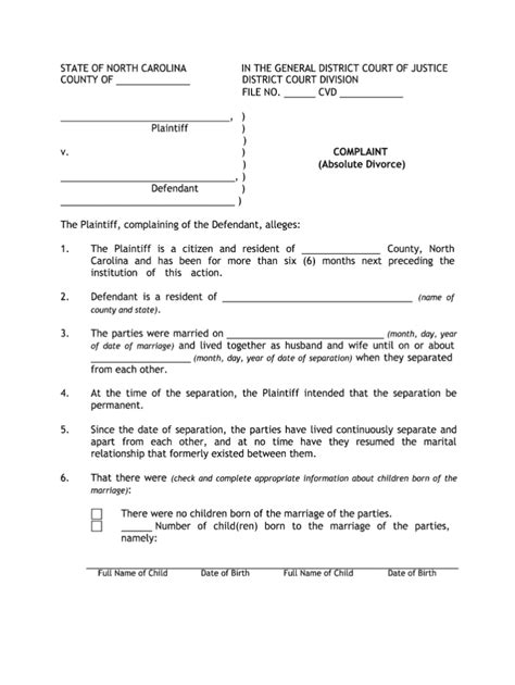 north carolina civil court complaint form civil form