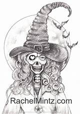 Grayscale Skulls Witches Pumpkins sketch template