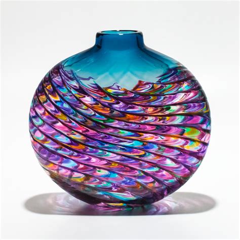 Aquamarine And Violet Optic Rib Vase By Michael Trimpol And