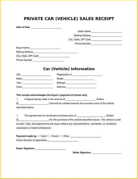 car sales receipt template   vehicle private sale