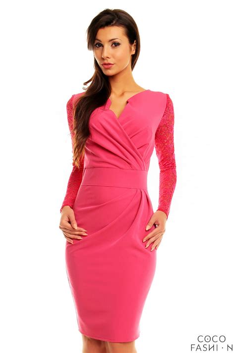 pink elegant lace sleeves slim waist evening dress