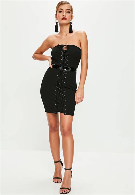 lyst missguided black lace up vinyl dress in black