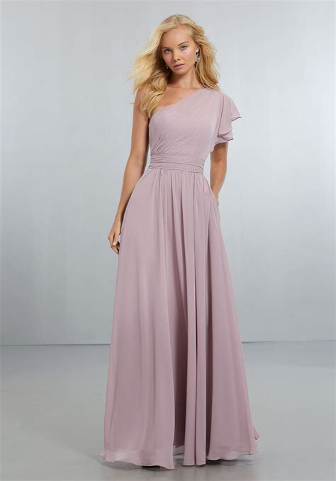 Chiffon Bridesmaids Dress With One Shoulder Flounced Sleeve Style