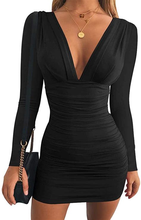 gobles women s sexy long sleeve v neck ruched bodycon mini party