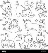 Unicorn Cat Flying Coloring Drawing Kids Vector Horn Linear Drawn Cats Alamy Pet Characters Illustration Cartoon Hand Cute Book sketch template
