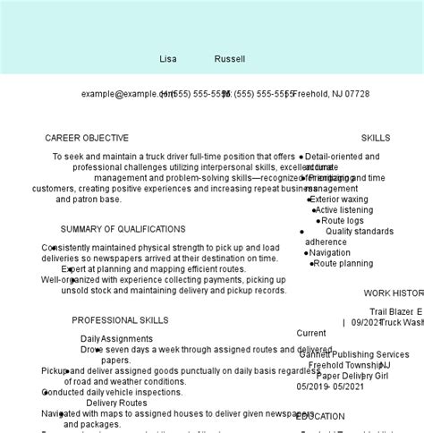 professional truck driver resume examples