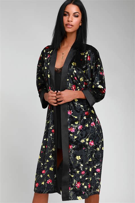 Luxe Black Robe Black Floral Print Robe Black Velvet Robe Lulus