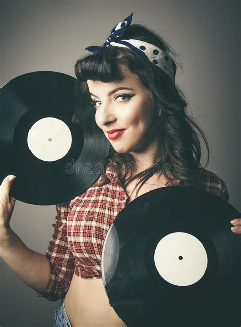Pin Up Music Girl Holding Vinyl Record Lp Stock Image Image Of