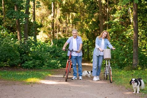 Happy Mature Couple On Bike Ride On Sunny Day On Path In Forest Joyful