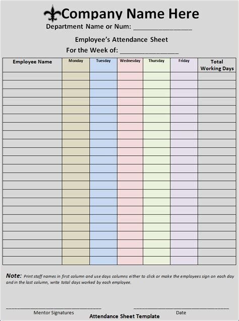 attendance sheet template  word templates