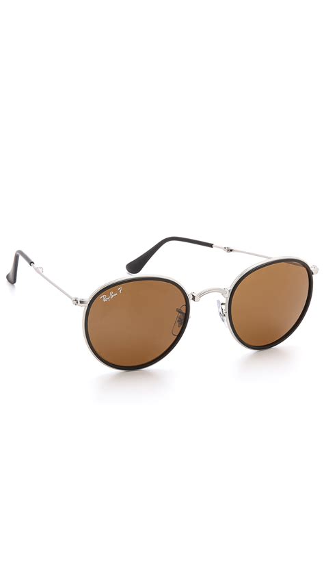 lyst ray ban polarized round folding sunglasses in metallic for men
