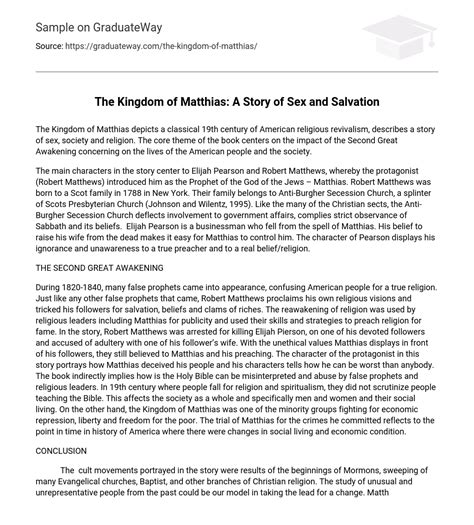 ⇉the kingdom of matthias a story of sex and salvation analysis essay