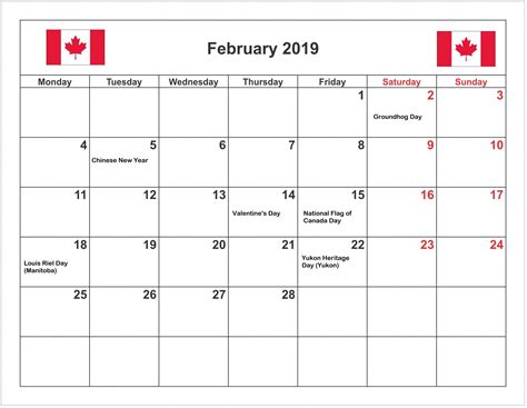 February 2019 Calendar Canada With Holidays Canadian Calendar 2019
