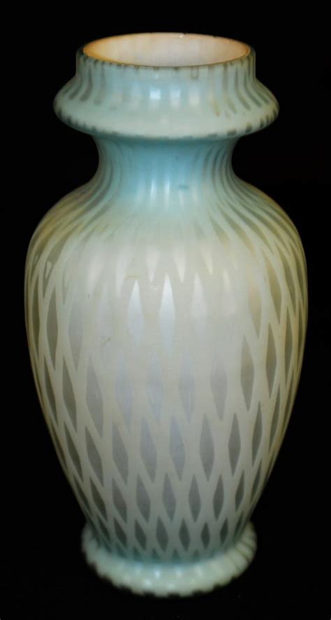 Antique Blue Glass Cased Vase Diamond Pattern Unmarked Bu