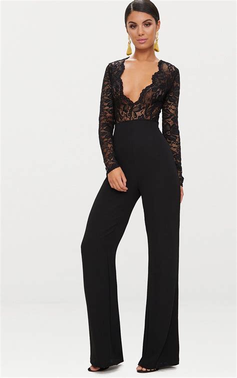 black lace long sleeve plunge jumpsuit prettylittlething