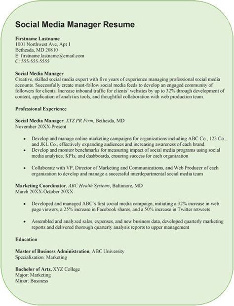 social media manager resume sample  format word excel examples