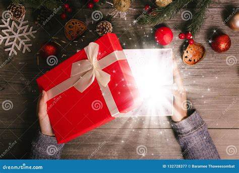 open magic gift box  merry christmas  table decorate stock image