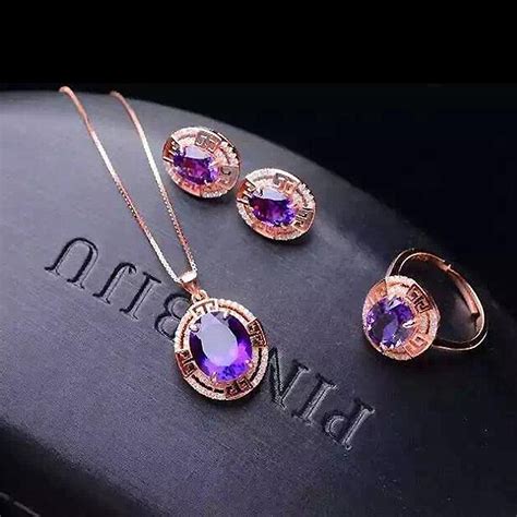 natural gemstone jewelry oval amethyst rose gold color women  silver jewelry set wedding