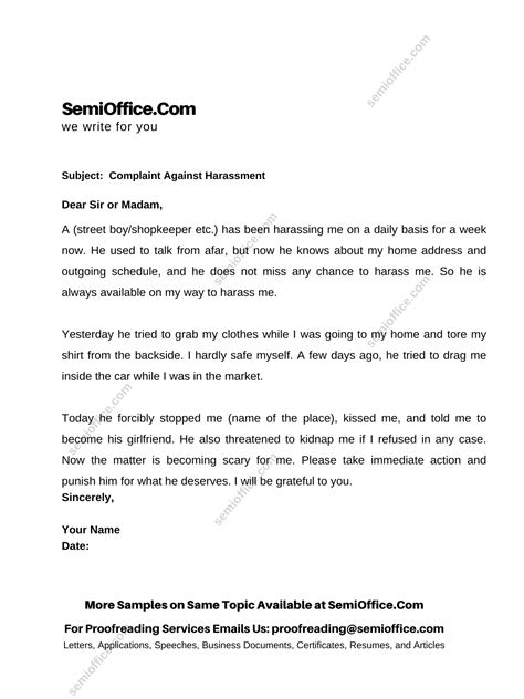 complaint letter    harassment semiofficecom