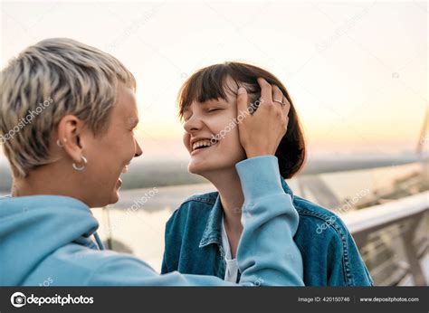 Close Up Of Young Sensual Lesbian Couple Laughing Enjoying Romantic