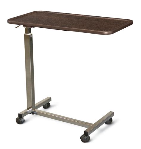 overbed table adjustable height  vinyl wrapped raised spill proof edge top walnut medical mart