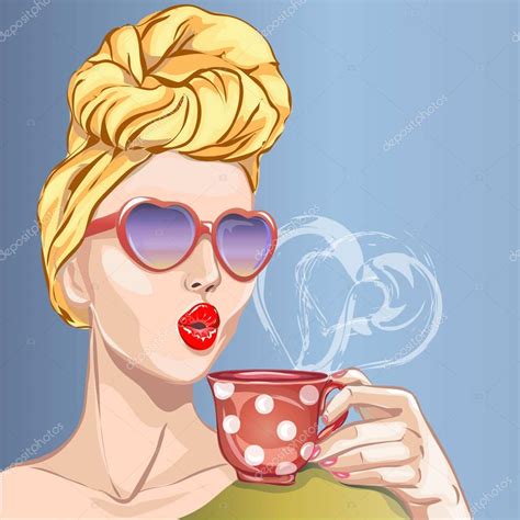 pin up style sexy woman with morning cup of tea pop art girl heart