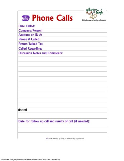 printable printable call log template