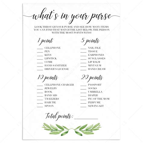 whats   purse baby shower game printable  green leaves