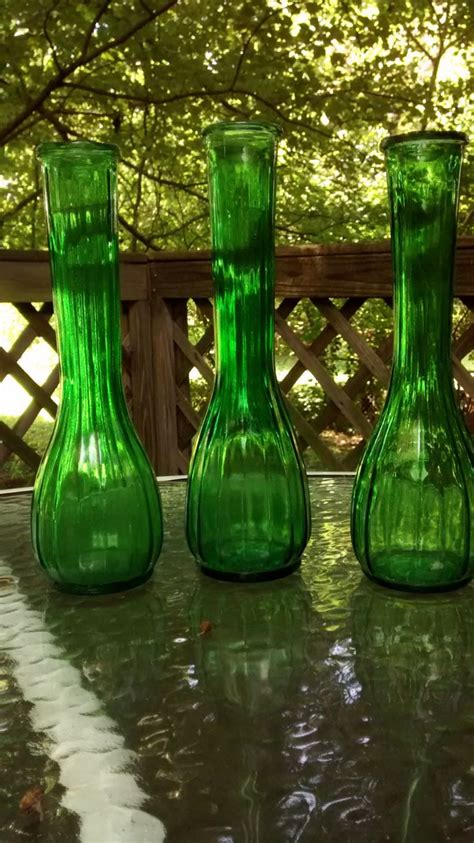 Green Glass Vases Set Of Three Vintage Emerald Green Glass Etsy