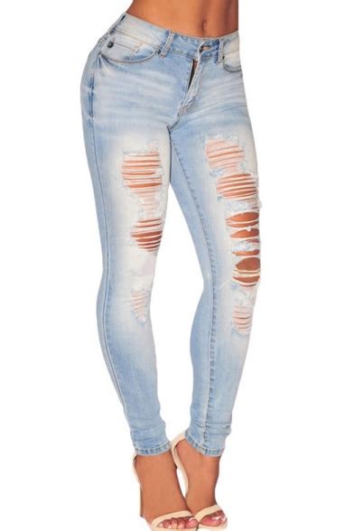 Women Casual Destroyed Ripped Distressed Skinny Denim