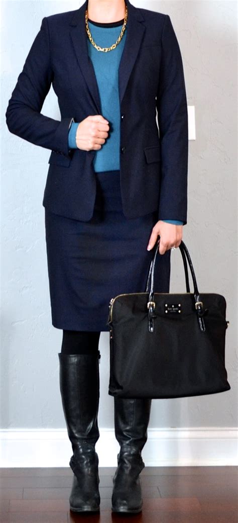 Outfit Post Navy Suit Jacket Navy Pencil Skirt Teal