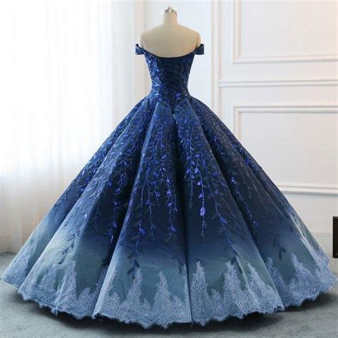 Buy Ball Gown Navy Blue Lace Applique Ombre Off The Shoulder Princess