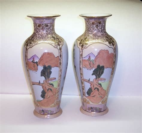 Reproduction Nippon Hand Painted Vases Multi Colored Trimmed In Gold 12 H