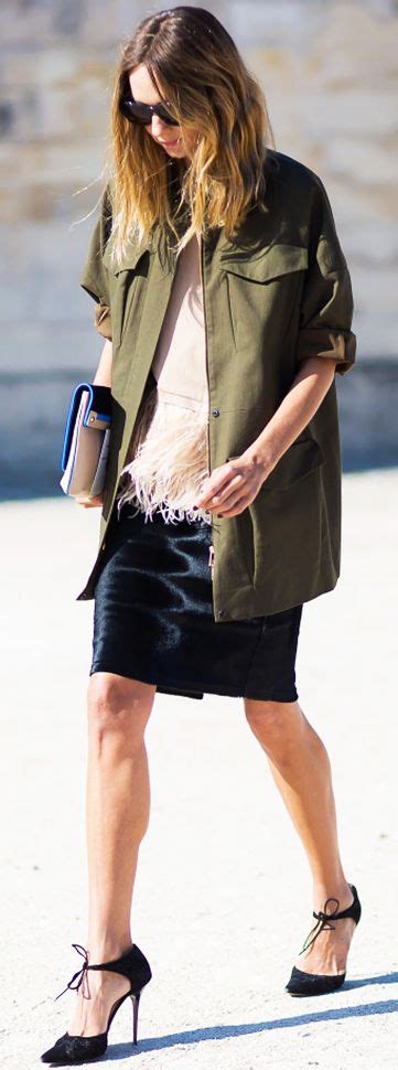 army jacket simple top with fringe black skirt and