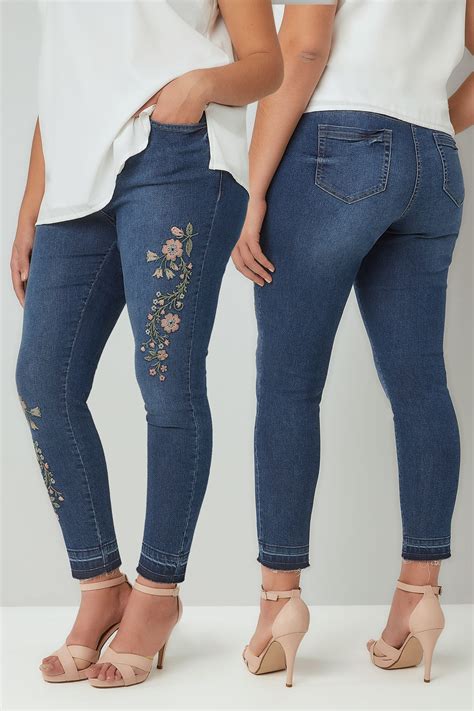 blue washed denim embroidered skinny ava jeans with raw