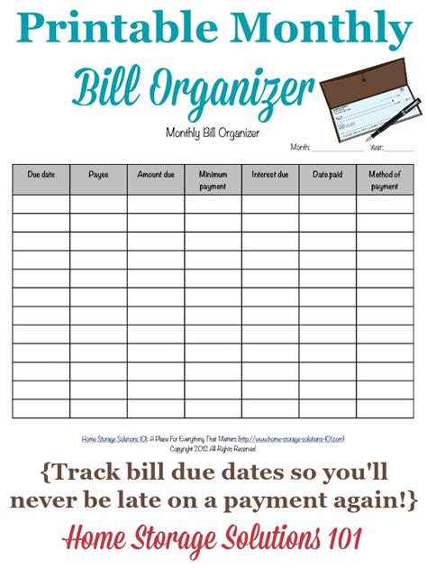 printable monthly bill organizer     pay bills  time
