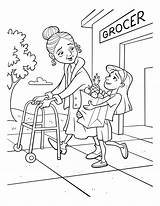 Elderly Groceries Girl Helping Woman Service Carry Her Little Children sketch template