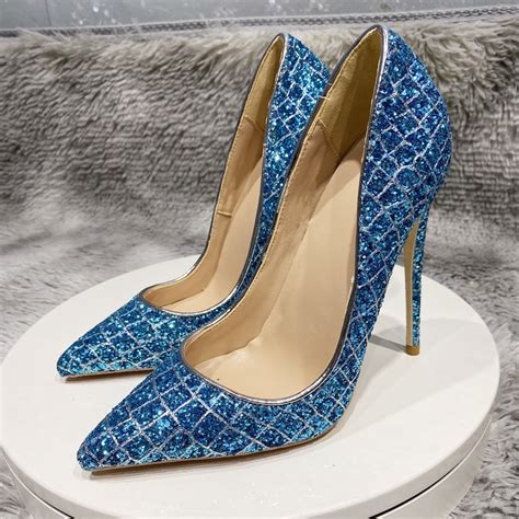 sexy bling stiletto blue shoes pointed toe 8cm 10cm 12cm high heels