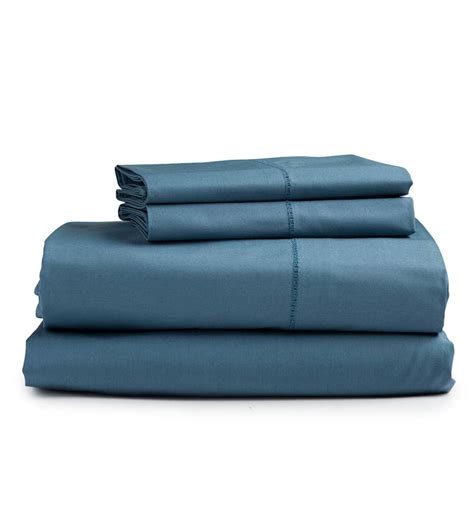 queen signature cotton percale sheet set blue spruce plowhearth