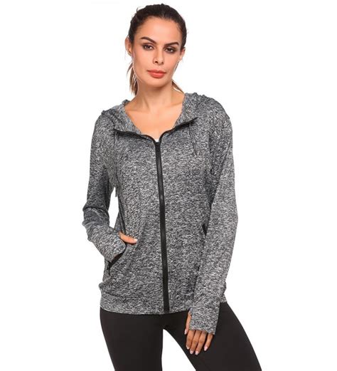 women s lightweight active performance full zip hoodie jacket with thumb holes m xxl gray
