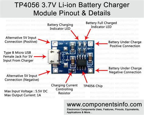 tp  li ion  battery charger module pinout datasheet details components info