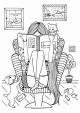 Zentangl Asseyant Lisant Griffonnage Chaise Dirigez Meditative Chica Leyendo Dibujo Tangle sketch template