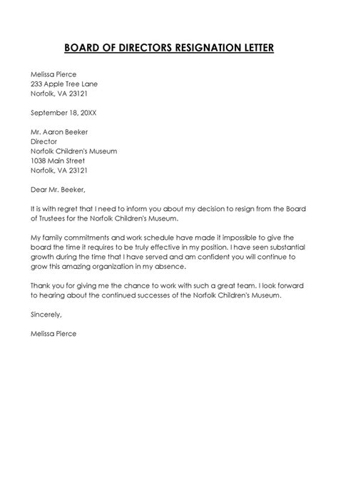 board resignation letter examples  templates