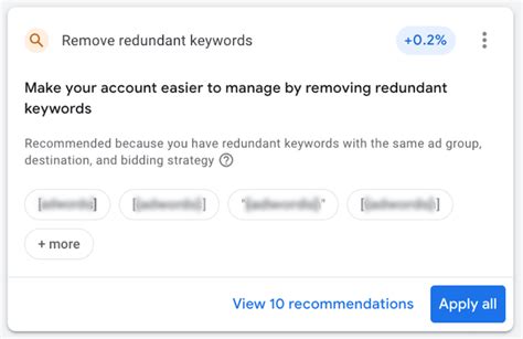 google  remove redundant keywords recommendation