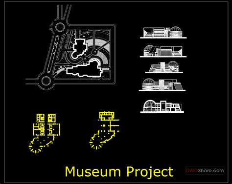 museum project layout plan  elevation autocad file dwg