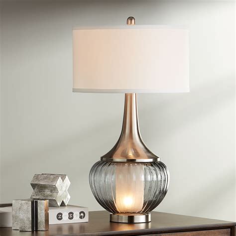 lighting courtney modern table lamp   tall fluted smoked glass  nightlight white