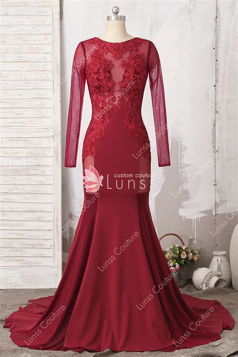 wine illusion fitted lace jersey mermaid prom dress lunss