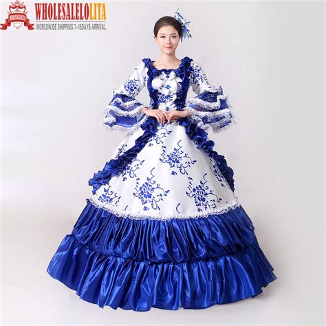 Brand New Blue Lace Printed Marie Antoinette Masquerade Ball Gown